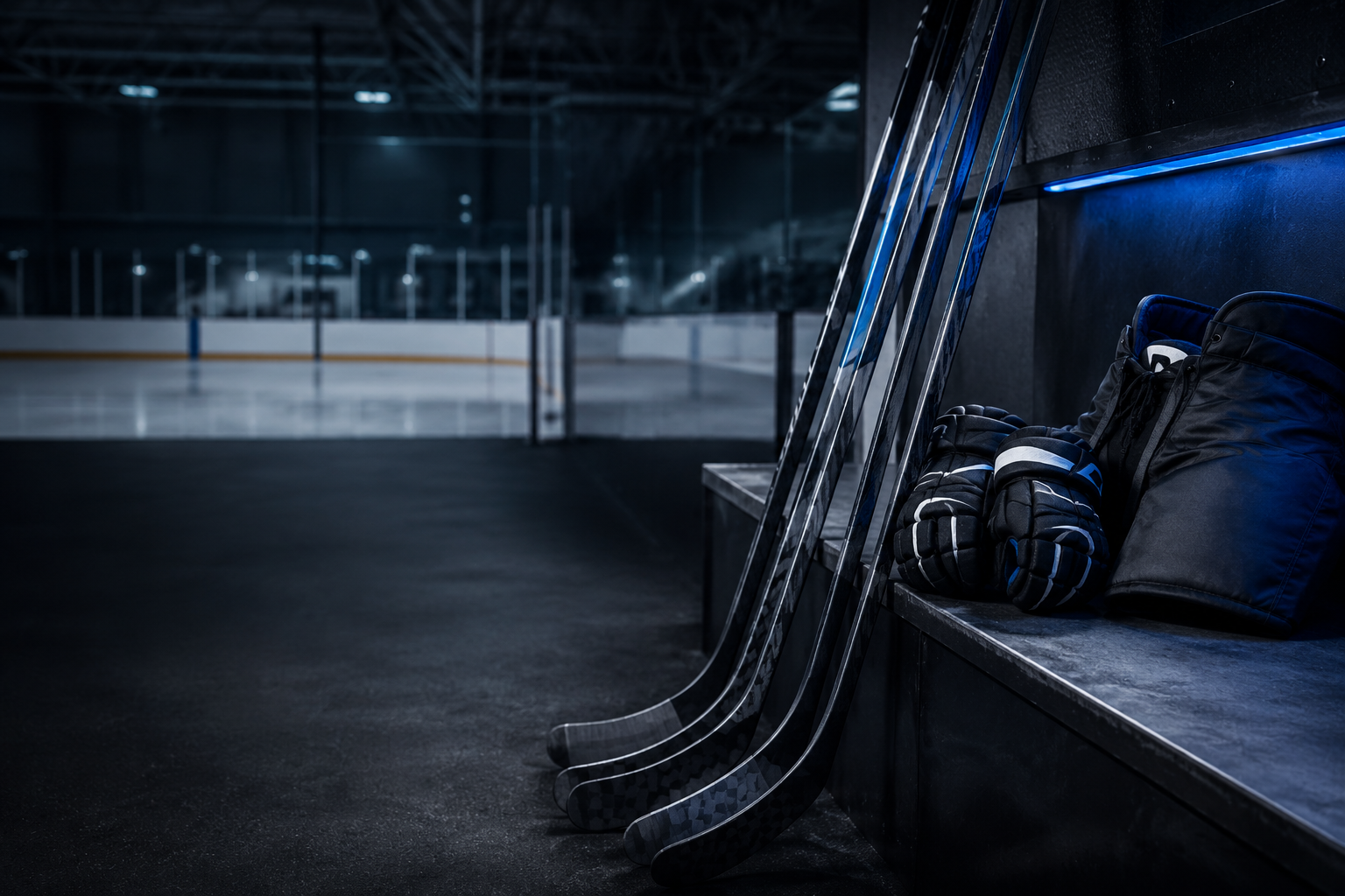 Hockey sticks, gloves, and pants arranged beside an ice rink